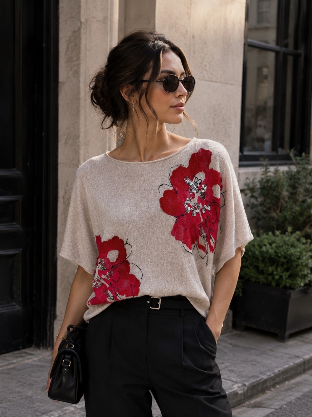 INC International Concepts Petite Floral Sequin Dolman Top XSP Beige Red